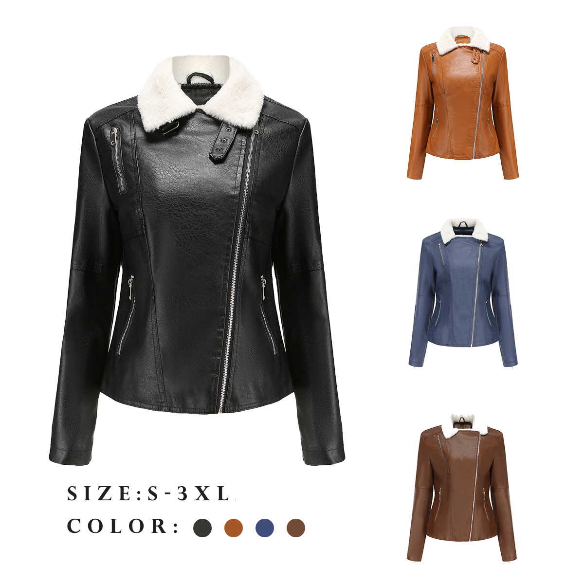 0C475M15 European and American Winter Women's Faux Leather Coats and Fur Integrated Plush Long Sleeved Warm Jacket