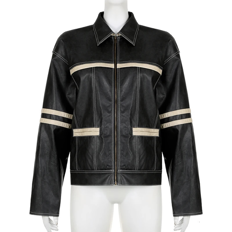 CIBBAR Contrast Striped Vintage Leather Jacket Loose Long Sleeve Pockets PU Jackets Street Style Oversized Fall Winter Coat Lady 231226