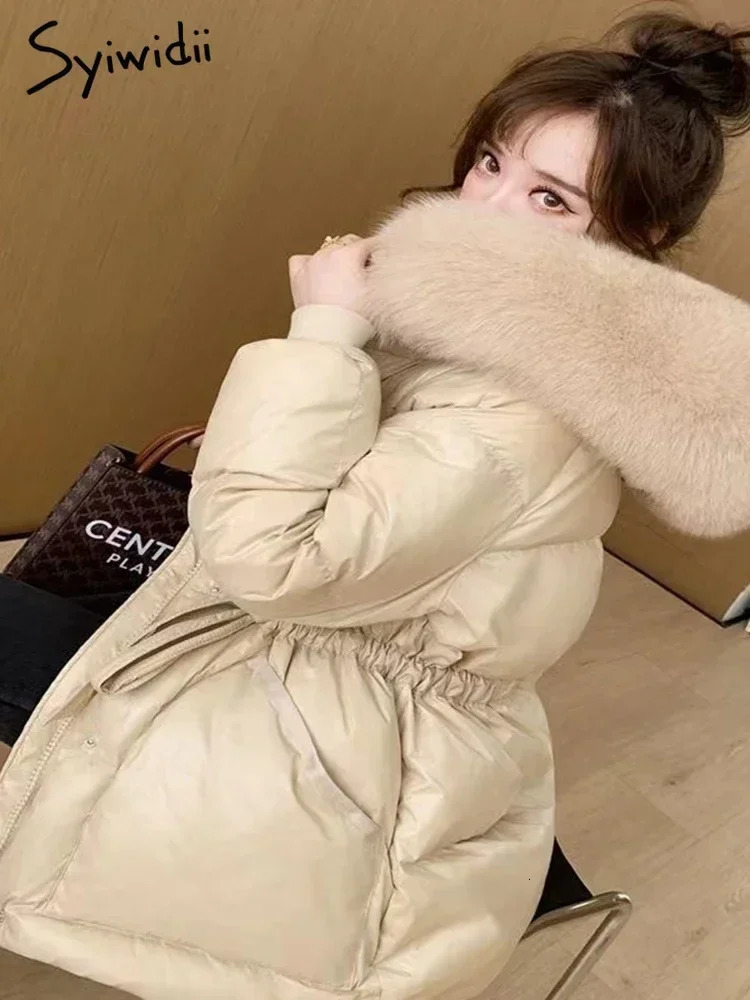 Syiwidii 90 Duck Down Jacket Women Hooded Coat Windproof Belted Thick Belted Fur Collar Solid Zippers Warm Fashion Clothing 231226