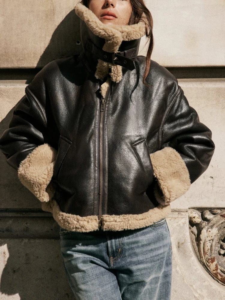 Women's Faux Leather Double-faced Biker Jacket Faux Fur Warm Lambswool Thicken Jacket Lapel Female Short Coat PU Outerwear 231226