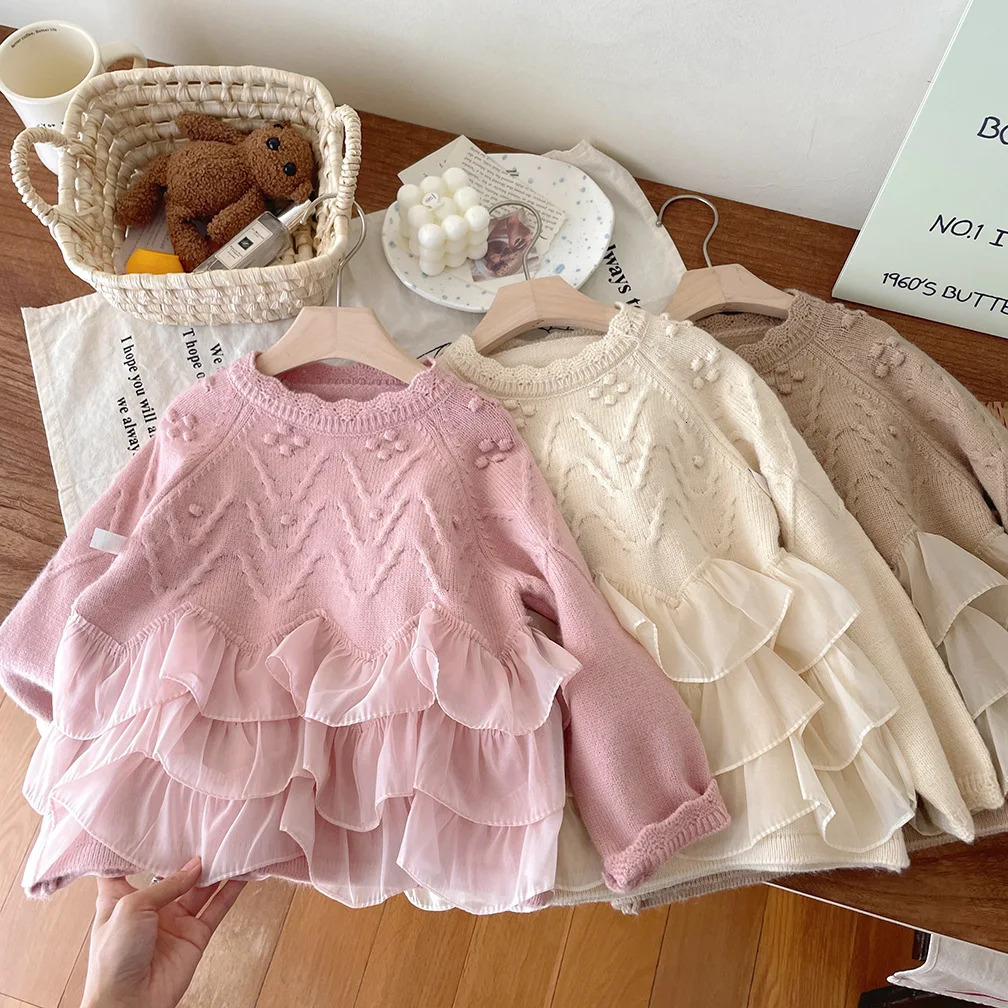 Girls Sweater Autumn Winter Children Knitted Lace Sweatshirts For Baby 1 To 7 Years Woolen Tops Clothes Kids Pullover Sweater 231226