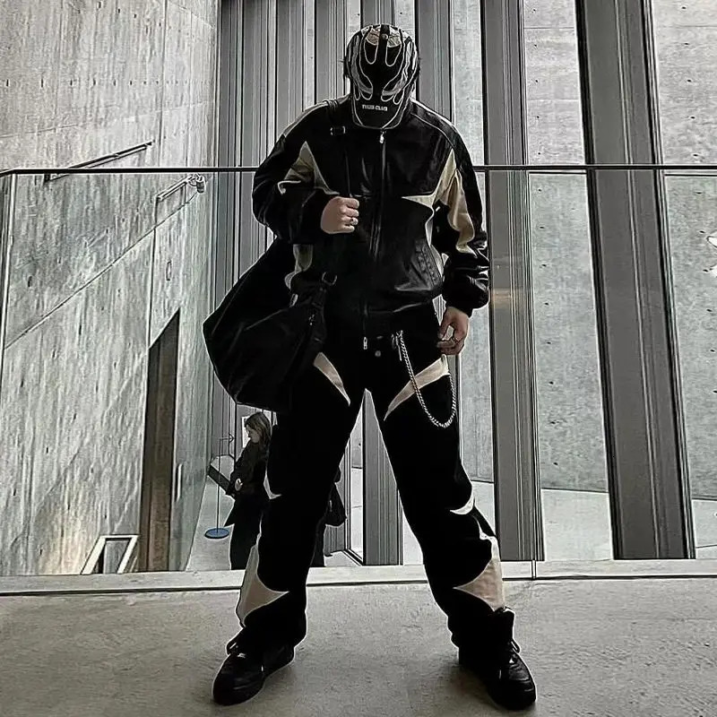 Y2k Men Black Baggy Jeans Spliced Leather High Street Loose Straight Casual Trousers Hip Hop Harajuku Pants Streetwear 231225
