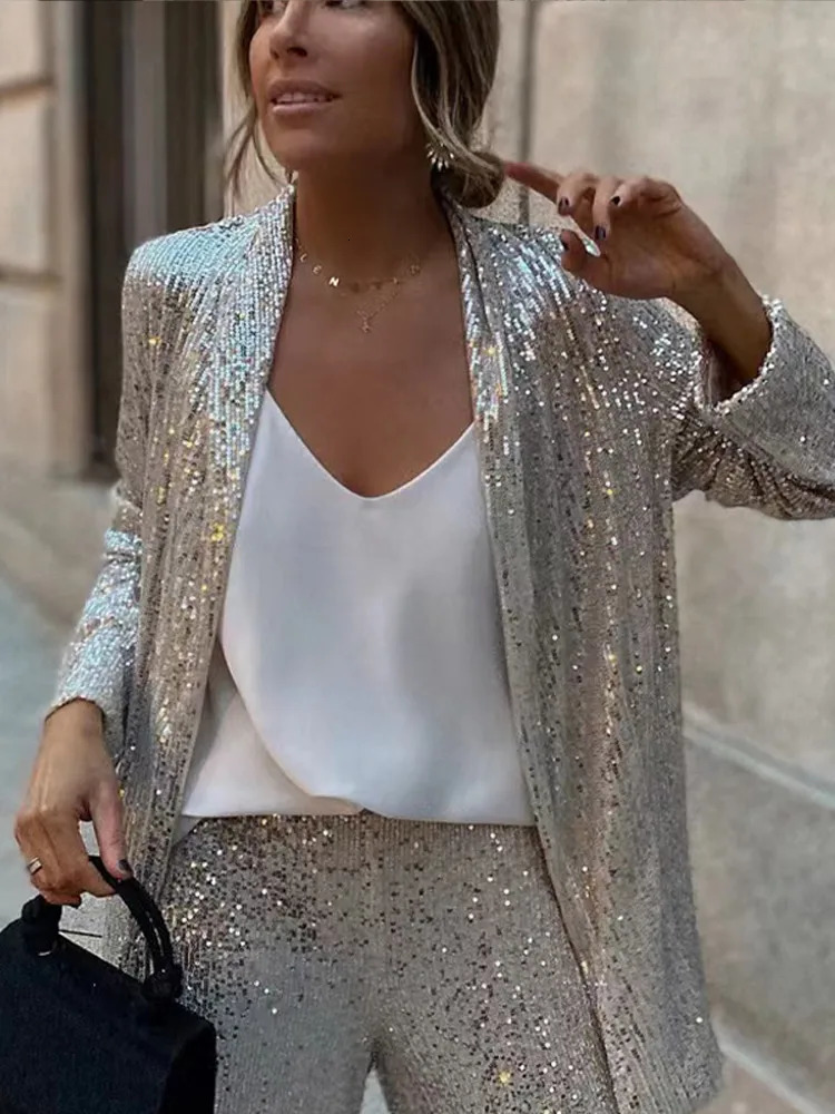 V-neck Open Stitch Sequined Two Piece Set Women Long Sleeve Loose Women's Trouser Suits Spring Autumn Solid Fashion Lady 's Suit 231226