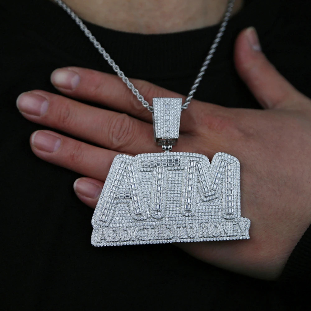 Iced Out Bling Letters ATM Addicted To Money Pendant Necklaces Silver Color Rectangle CZ Zircon Charm Men's Hip Hop Jewelry 231225