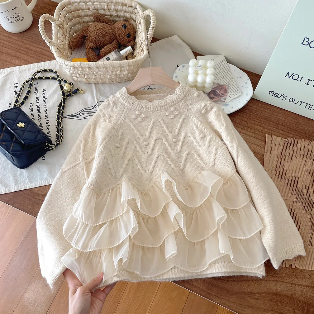 Girls Sweater Autumn Winter Children Knitted Lace Sweatshirts For Baby 1 To 7 Years Woolen Tops Clothes Kids Pullover Sweater 231226