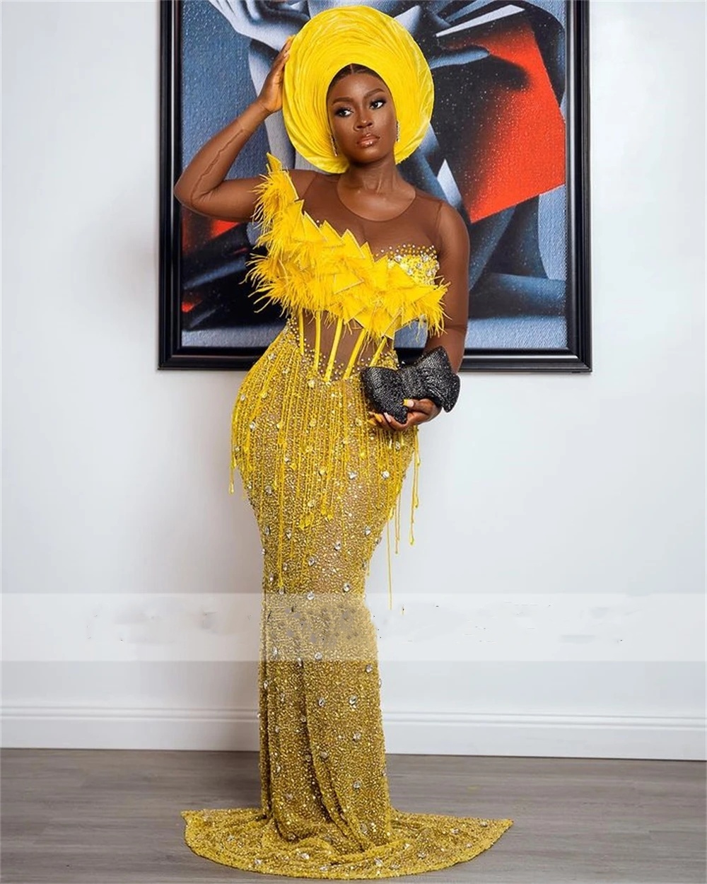 Feathers Tassels Beaded Yellow Aso Ebi Mermaid Prom Party Dresses for Women Corset Formal Ocn Dress African