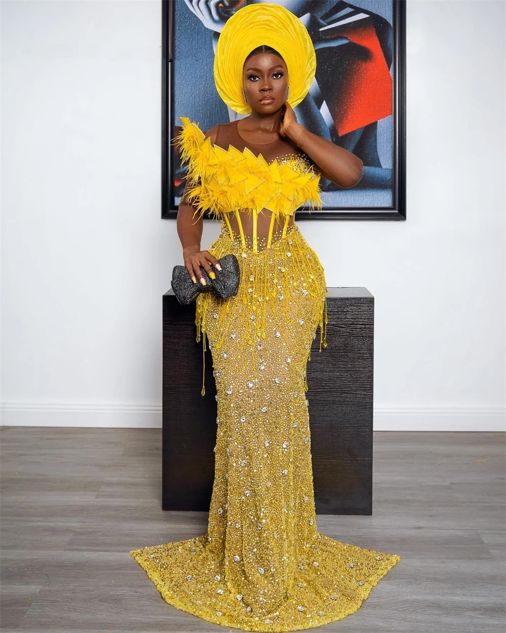 Feathers Tassels Beaded Yellow Aso Ebi Mermaid Prom Party Dresses for Women Corset Formal Ocn Dress African