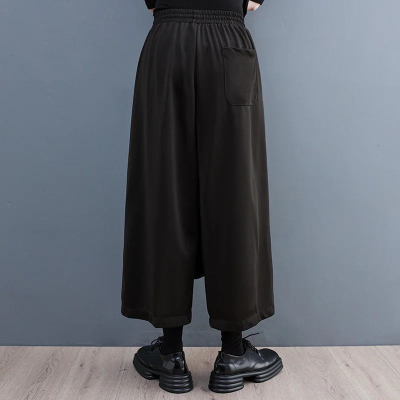 #2919 Black False Two Piece Wide Leg Pants Women Elastic Waisted Buttons Asymmetrical Straight Pants Female Loose Streetwear 231226