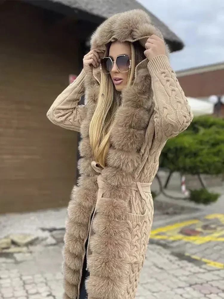 s Autumn Winter Women Sweater Long Knitted Cardigans Lady Knitwear Real Fur Coat Detachable Fashion Streetwear 231225