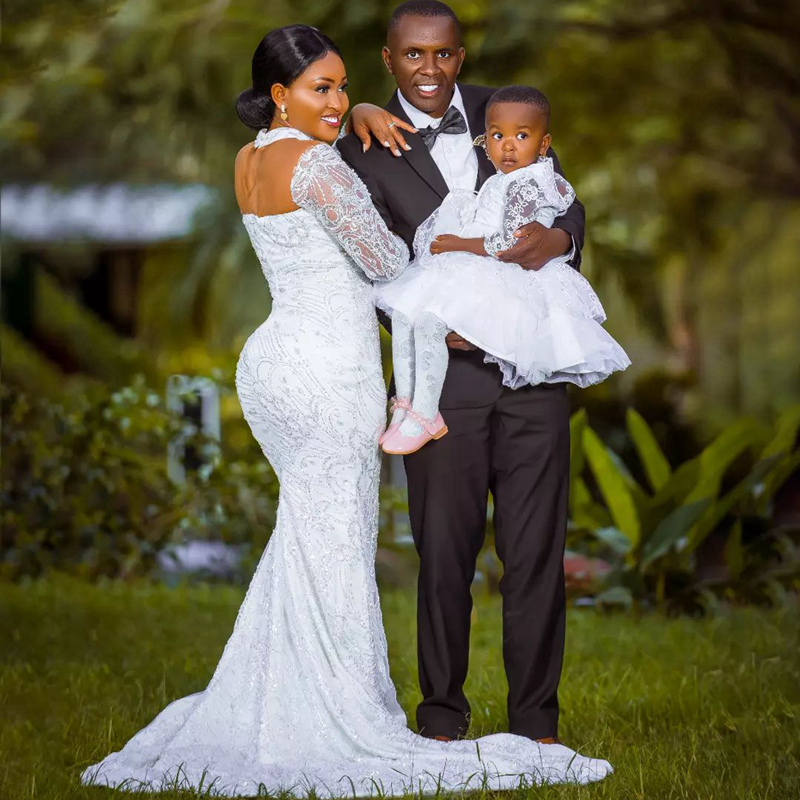 African Arabic Aso Ebi Wedding Dress for Bride Illusion Trumpet Bridal Dresses High Beaded Neck Long Sleeves Lace Mermaid Marriage Gowns for Black Wom