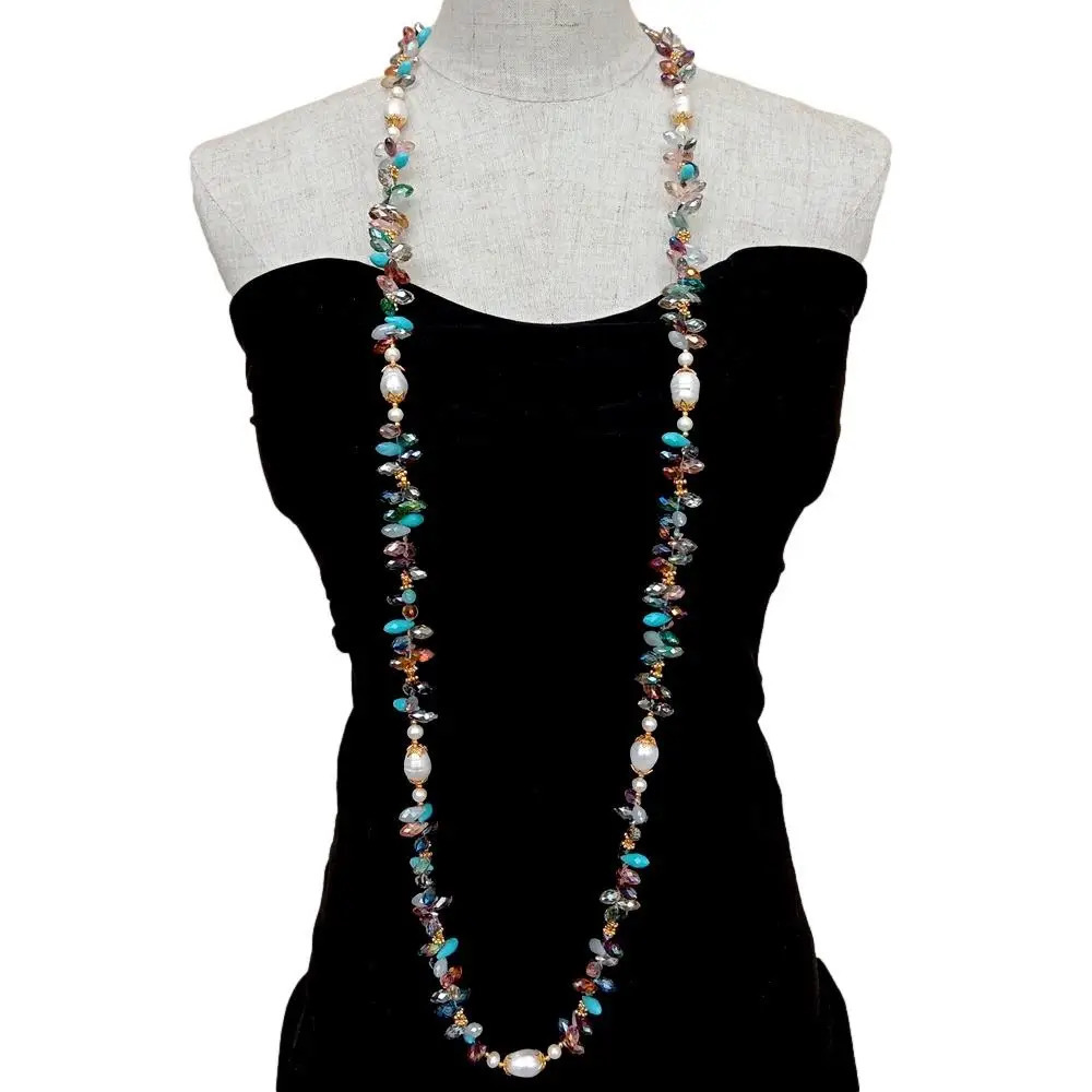 YYGEM Natural Cultured Freshwater White Rice Pearl Multi Color Top-Drilled Teardrop Crystal Long Necklace 49" 231225