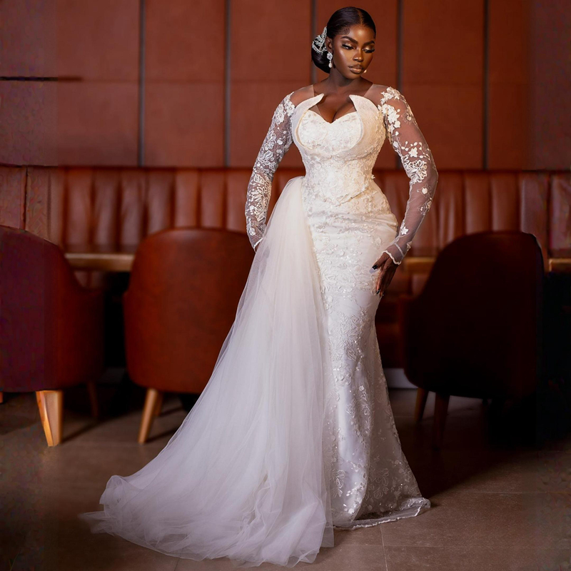 Illusion Trumpet Wedding Dress for Bride V Neck Long Sleeves Lace Mermaid Bridal Gowns with Detachable Tulle Train African Arabic Country Style Beach 