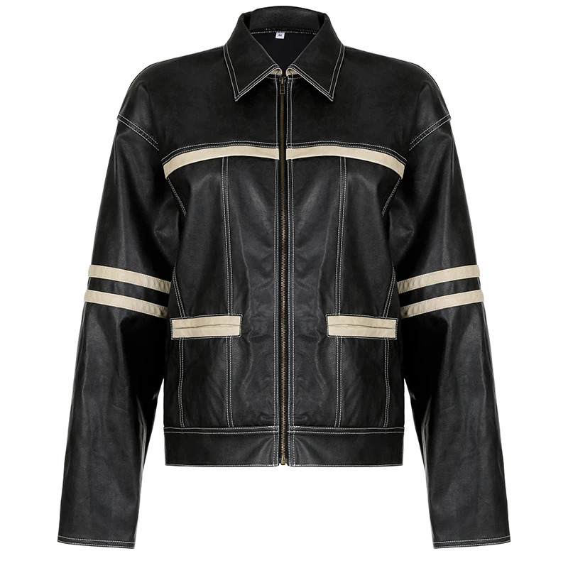 CIBBAR Contrast Striped Vintage Leather Jacket Loose Long Sleeve Pockets PU Jackets Street Style Oversized Fall Winter Coat Lady 231226