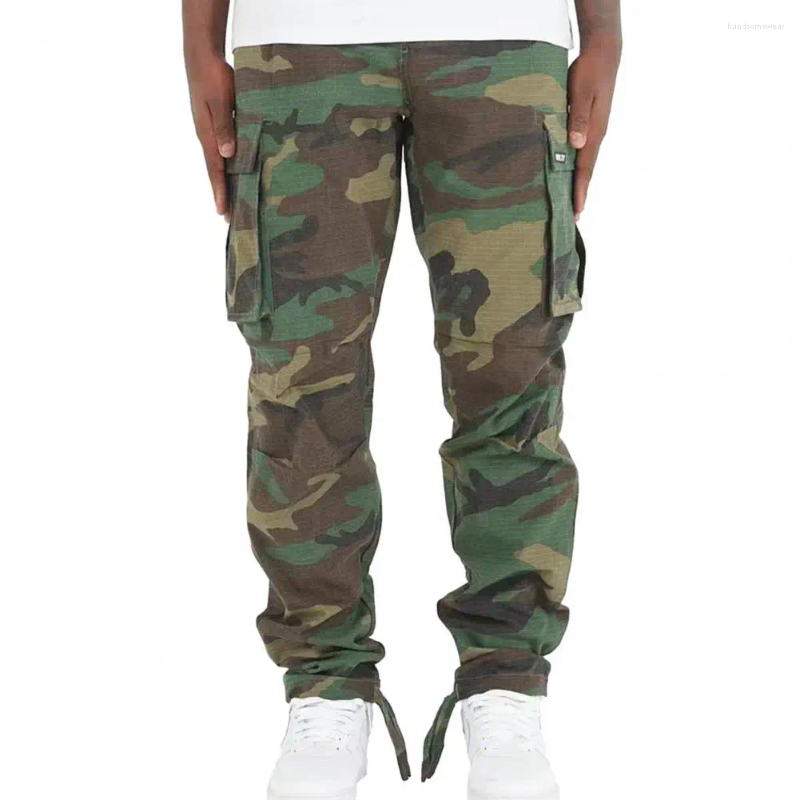 Men Cargo Pants Multi Pockets Elastic Waist Drawstring Solid Color Loose Soft Breathable Mid Waist Men Daily Long Trousers
