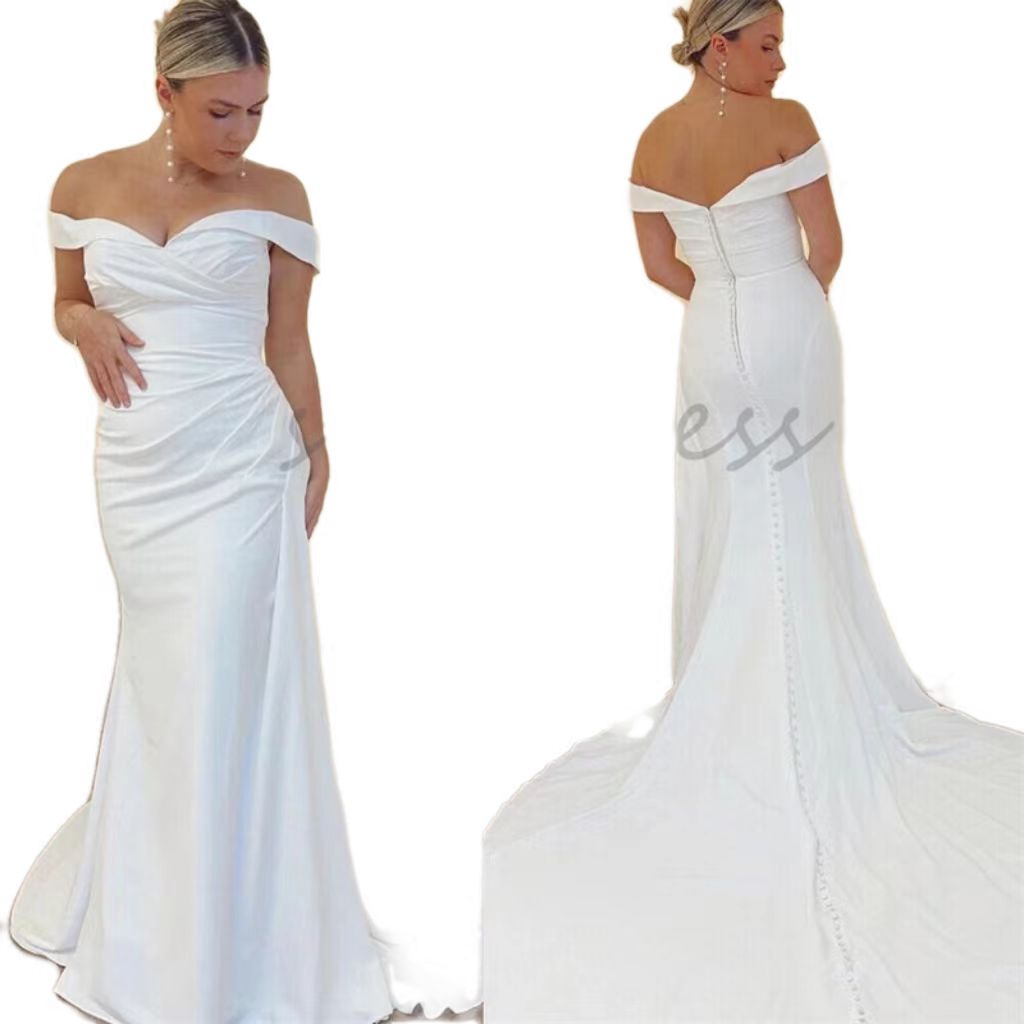 Off Shoulder Satin Mermaid Wedding Dresses Elegant Plus Size Boho Rustic Country Bride Dress Court Train Outdoor Garden Bridal Gowns Simple Robe De Ma