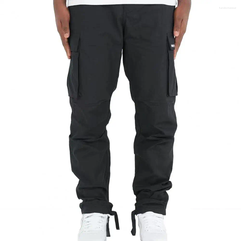 Men Cargo Pants Multi Pockets Elastic Waist Drawstring Solid Color Loose Soft Breathable Mid Waist Men Daily Long Trousers