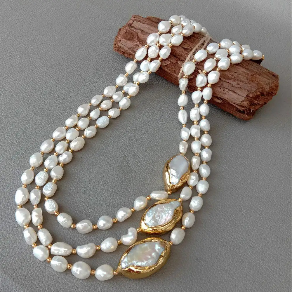 YYGEM 20" 3 strands Cultured Baroque freshwater Pearl Necklace Keshi Pearl Gold color edge Connector chokers for women 231225