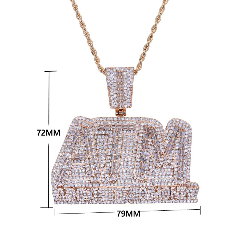 Iced Out Bling Letters ATM Addicted To Money Pendant Necklaces Silver Color Rectangle CZ Zircon Charm Men's Hip Hop Jewelry 231225