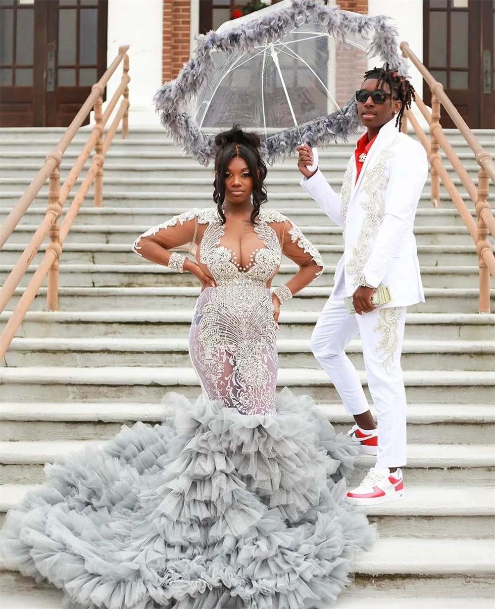 Long Grey Mesh Sleeve Ruched Mermaid Prom Dresses 2024 for Black Girls Plus Size Formal Birthday Party Gowns Vestidos De Novia 322