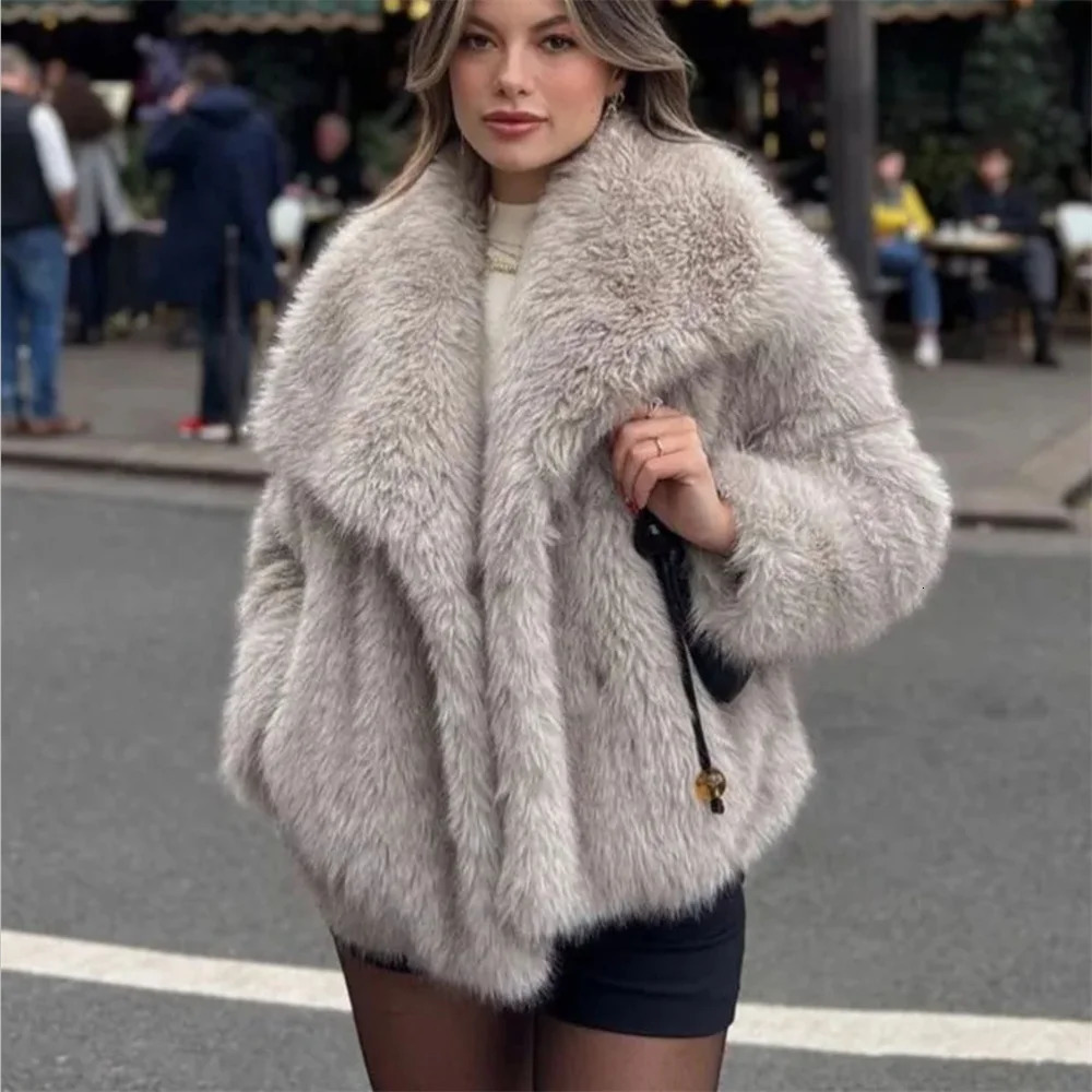 UNIZERA-Artificial Fur Effect Short Coat for Women Casual Loose Collar Thick and Warm Winter 231226