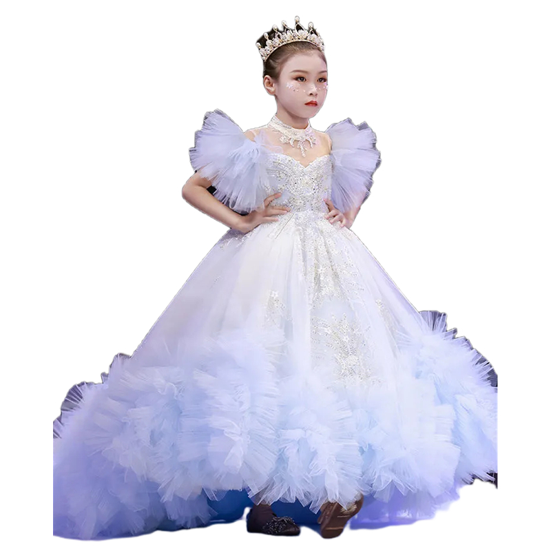 Ruffles Pluffy Girls Pageant Dresses High Low Flower Girls Dress Sequins Lace Appliques Short Sleeves Long Tulle Kids Formal Wear Birthday Party Gowns