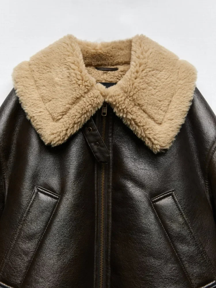 Women's Faux Leather Double-faced Biker Jacket Faux Fur Warm Lambswool Thicken Jacket Lapel Female Short Coat PU Outerwear 231226