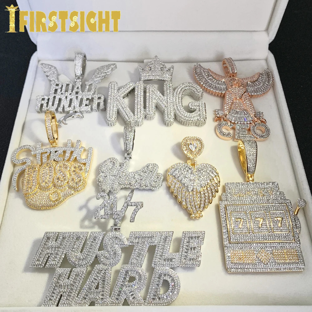 Iced Out Bling CZ Letter Hustle Hard Rich Lucky Pendant Necklace 5A Zircon Badge Fluorescence Charms Men Hip Hop Jewelry 231225