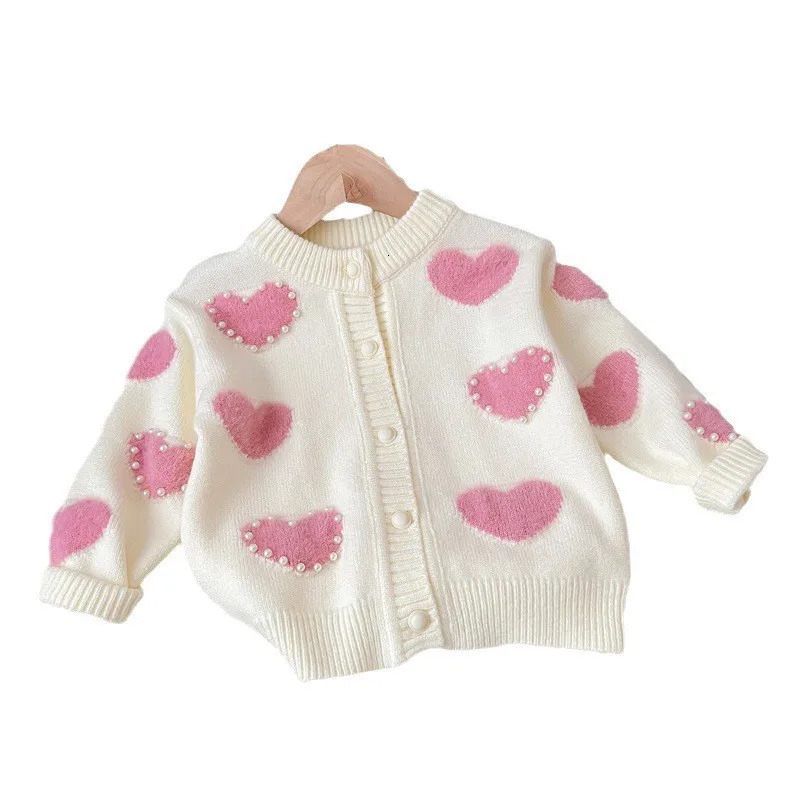 Autumn Kids Girls Kniwears Cotton Knitted Pearl Love Jacquard Baby Girls Sweater Coat Loose Warm Toddler Girls Cardigan 231226
