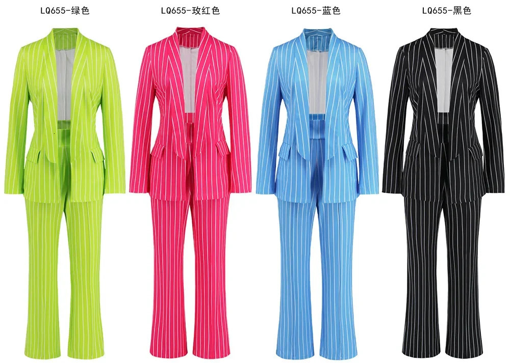 Women Two Piece Set Autumn Winter Stripe Casual Jacket Blazer Suit Office Wear Elegant Long Straight Wide Leg Pants Suit 231226