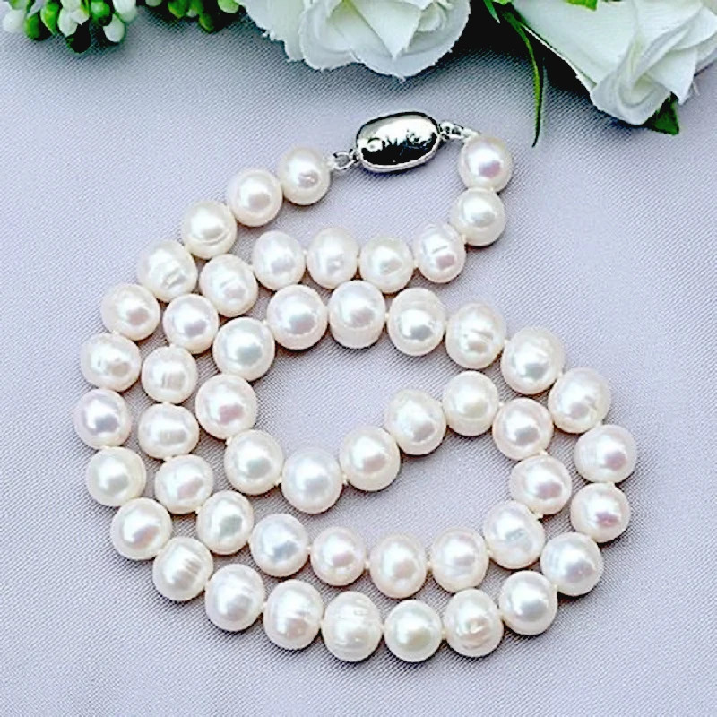 Natural Pearl Necklaces 9-10mm Freshwater Pearl Jewelry 925 Sterling Silver Necklace For Women Engagement Gift 231225