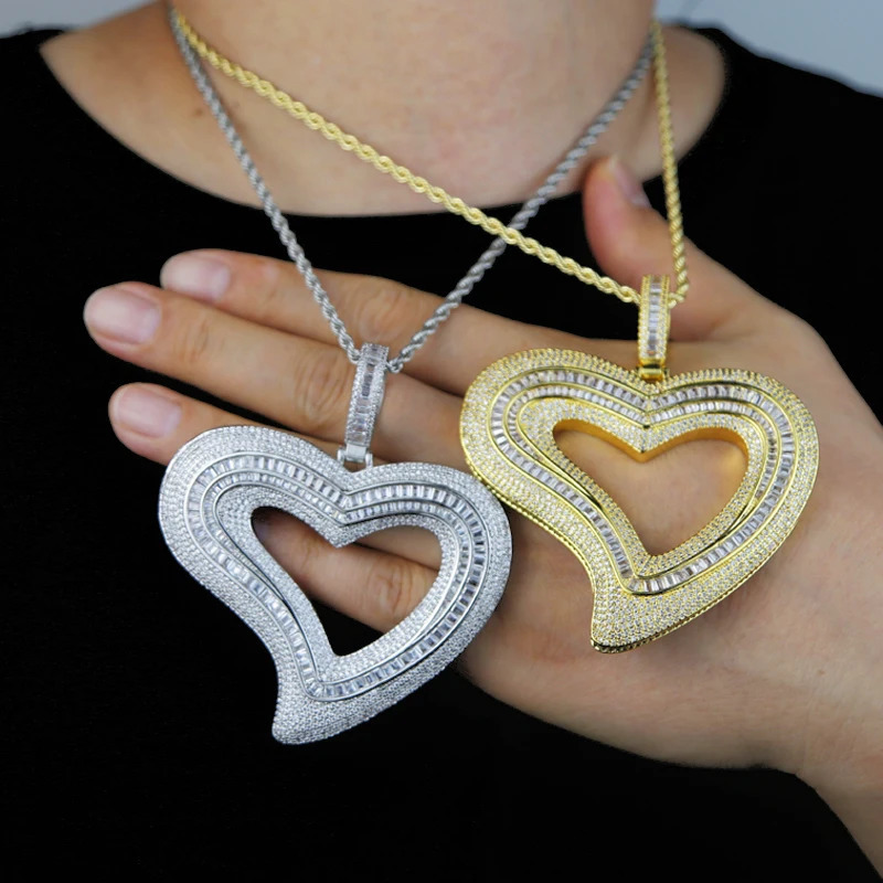 Iced Out Big Hollow Heart Pendant Necklace Bling Rectangle CZ Cubic Zirconia Tennis Chain Charm Women Men Hip Hop Jewelry 231225