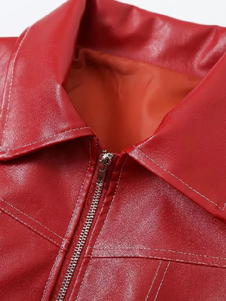 Red Lapel Zipper Leather Jacket Women Autumn Winter Vintage Long Sleeve Patchwork Jackets Fashion Streetwear Pocket Coats 231226