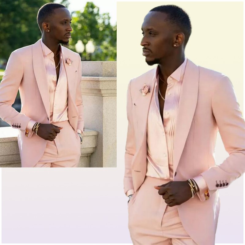 Handsome Blush Pink Mens Suits Wedding Tuxedos 2 Pieces Groom Formal Wear Pants Suit Men Business Evening Prom Blazer JacketPant