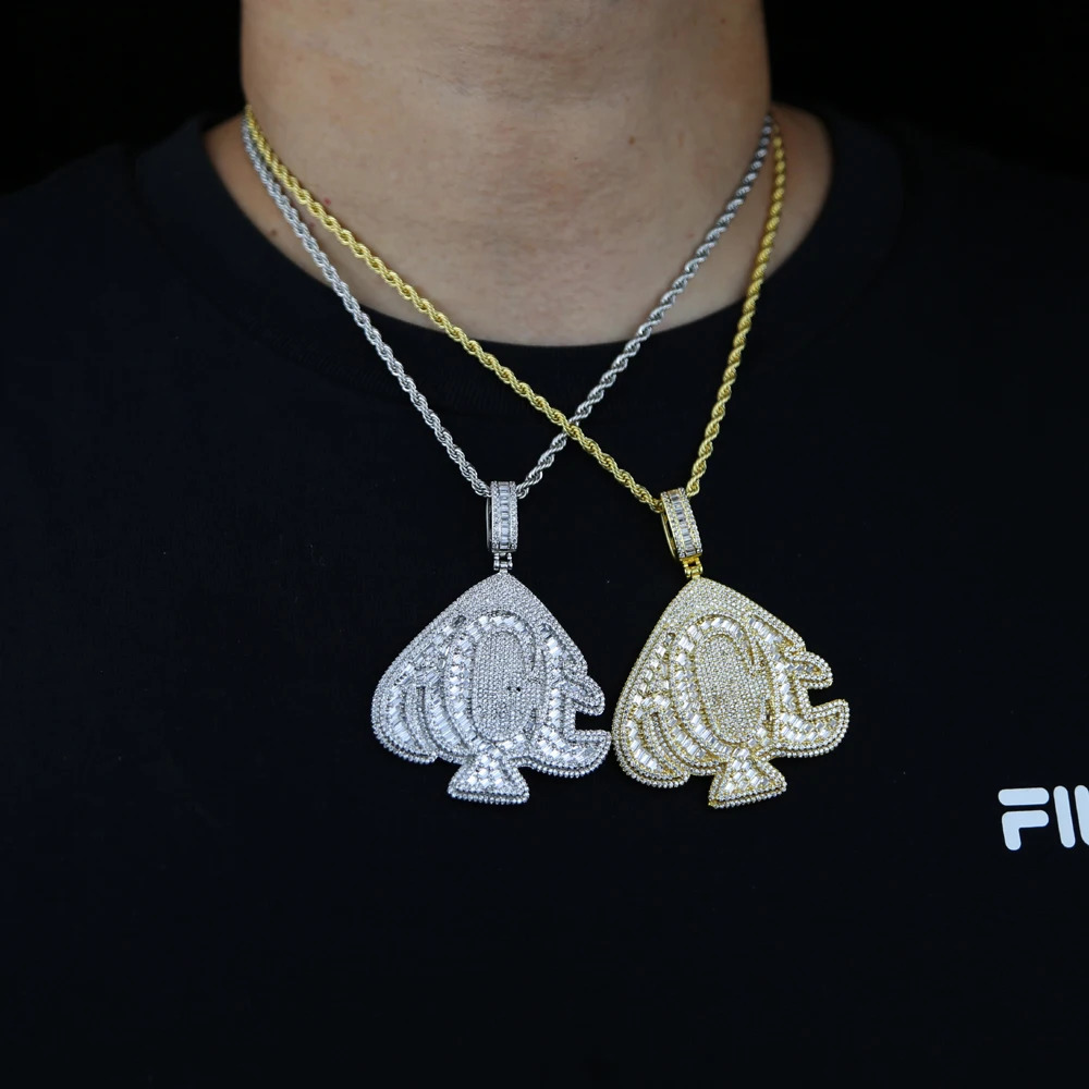 HipHop Iced Out Bling FULL CZ Paved Letter A C E Engraved Heart Pendant Necklace With Long Rope Chain For Men Women Punk Jewelry 231225