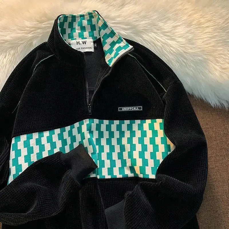 America Retro Hoodies Half Zipper Polo Neck Vintage Waffle Patchwork Loose Straight Basic Male Female Fashion Tops Sweatshirts 231225