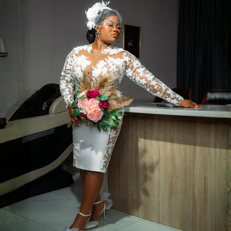 R&W Plus Size Illusion Trumpet Wedding Bride Tea Length Mermaid Long Sleeves Elegant Bridal Dress African Arabic Tulle Short Gown for Marriage Black W