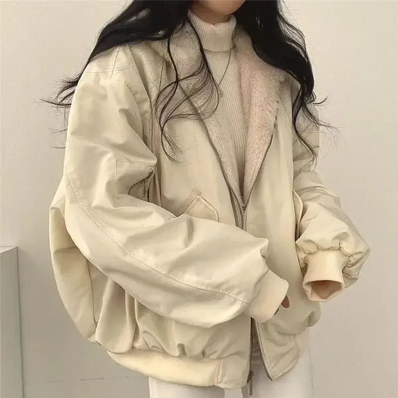 Korean velvet thickened reversible lamb wool cotton coat for women winter zipper hooded top zip up hoodie y2k 231225