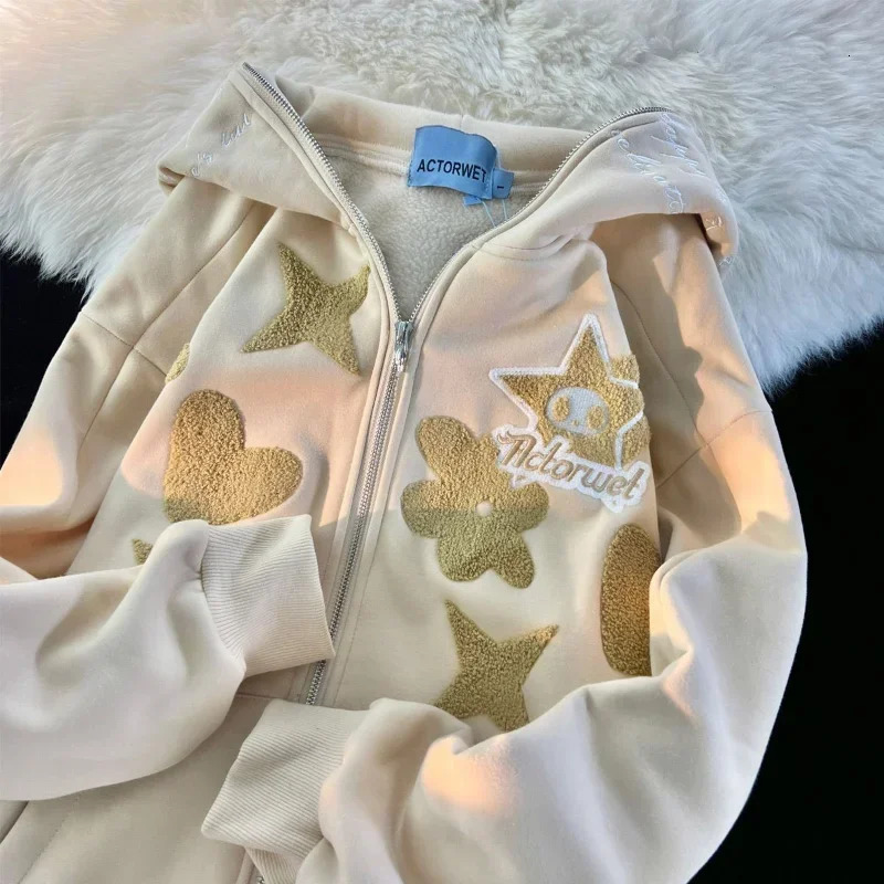 Women Retro Embroidery Hoodies Autumn Winter Zip Up Long Sleeve Loose Jacket Coats Y2k Harajuku Casual Pocket Hooded Sweatshirts 231225