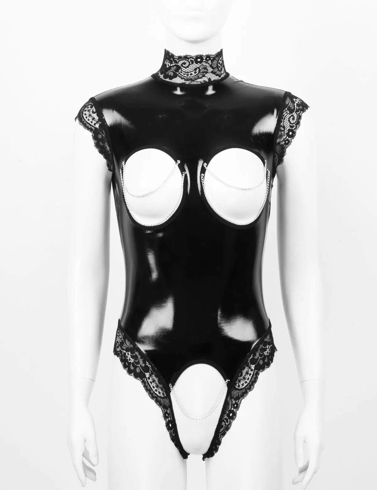 Womens Wet Look Patent Leather Lingerie High Neck Sleeveless Open Breast Crotchless Lace Trimmed Leotard Bodysuit Nightwear 231226