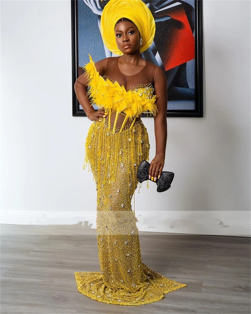 Feathers Tassels Beaded Yellow Aso Ebi Mermaid Prom Party Dresses for Women Corset Formal Ocn Dress African