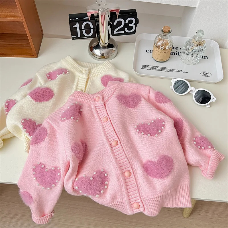 Autumn Kids Girls Kniwears Cotton Knitted Pearl Love Jacquard Baby Girls Sweater Coat Loose Warm Toddler Girls Cardigan 231226