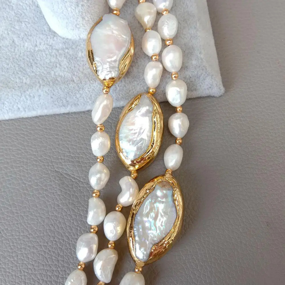 YYGEM 20" 3 strands Cultured Baroque freshwater Pearl Necklace Keshi Pearl Gold color edge Connector chokers for women 231225