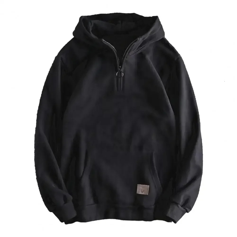 Men Sweatshirt Hooded Zipup Thickened Hoodies Winter Solid Color Fashion Warm Hoodie With Zipper Decor Elastic Cuff Big Pocket 231225