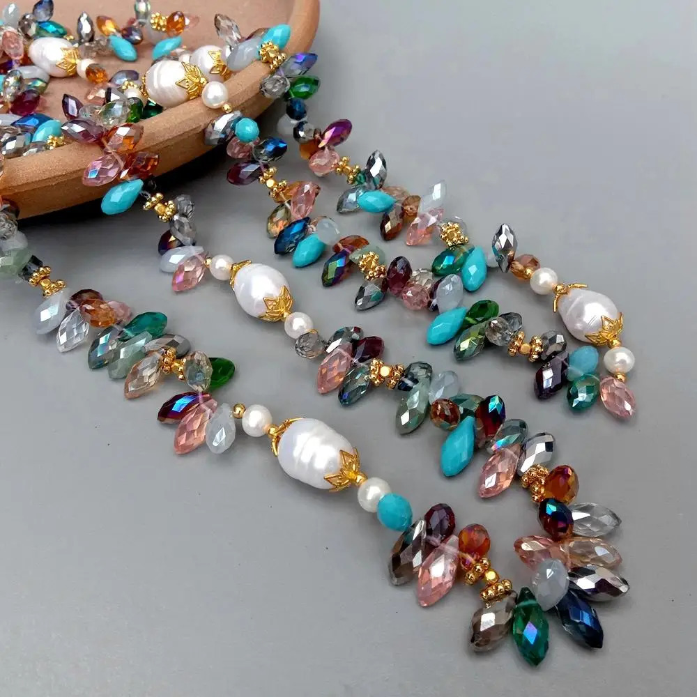 YYGEM Natural Cultured Freshwater White Rice Pearl Multi Color Top-Drilled Teardrop Crystal Long Necklace 49" 231225