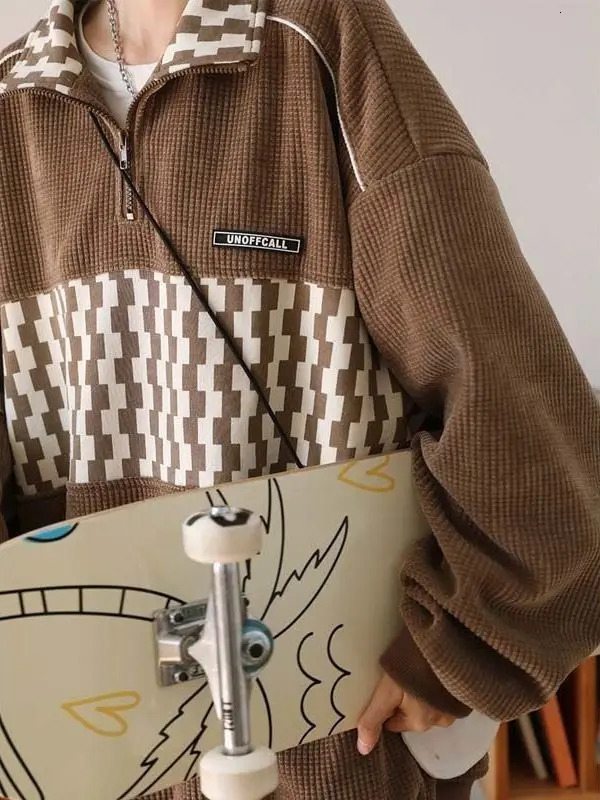 America Retro Hoodies Half Zipper Polo Neck Vintage Waffle Patchwork Loose Straight Basic Male Female Fashion Tops Sweatshirts 231225