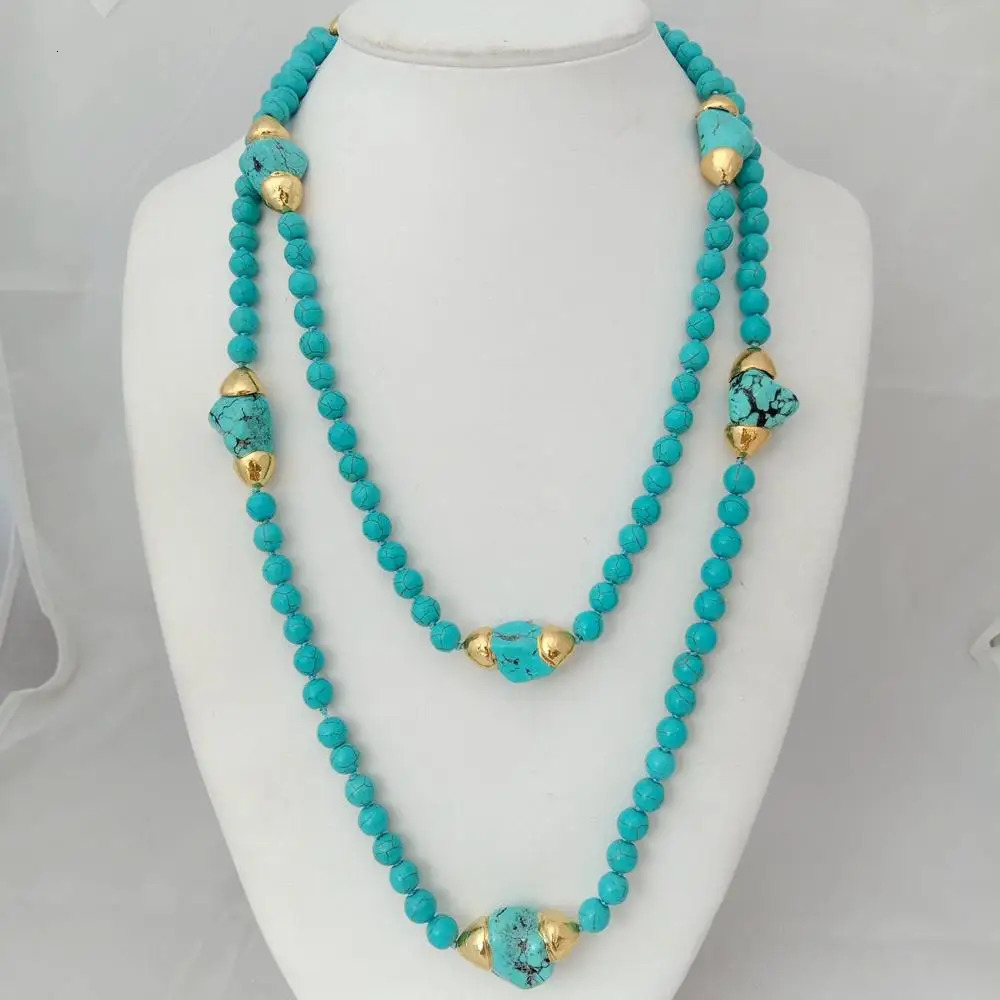 YYGEM 52'' 8MM Blue Turquoise Round Yellow Gold Plated Freeform Turquoise long sweater chain Necklace 231225