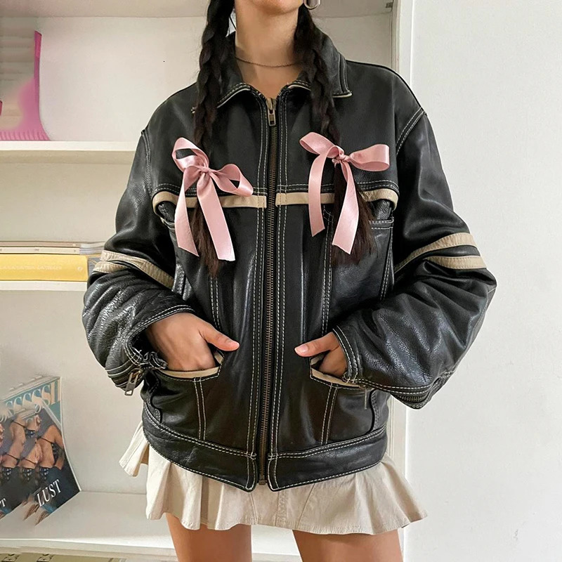 CIBBAR Contrast Striped Vintage Leather Jacket Loose Long Sleeve Pockets PU Jackets Street Style Oversized Fall Winter Coat Lady 231226