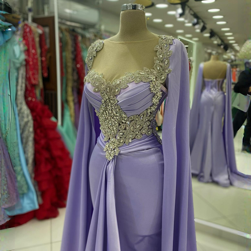 Lavender Elegant Evening Dresses Sheer Neck Mermaid Elastic Satin Crystals Prom Dresses for Special Occasions Promdress Second Reception Gowns Engagem