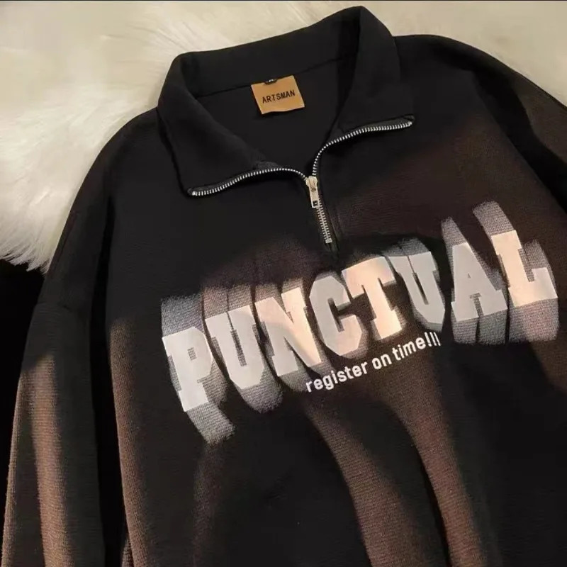 Men Sweatshirts Casual Printed Half Zip Chic Pullover Tops Vintage Long Sleeve Turndown Collar Streetwear Sweats 231225