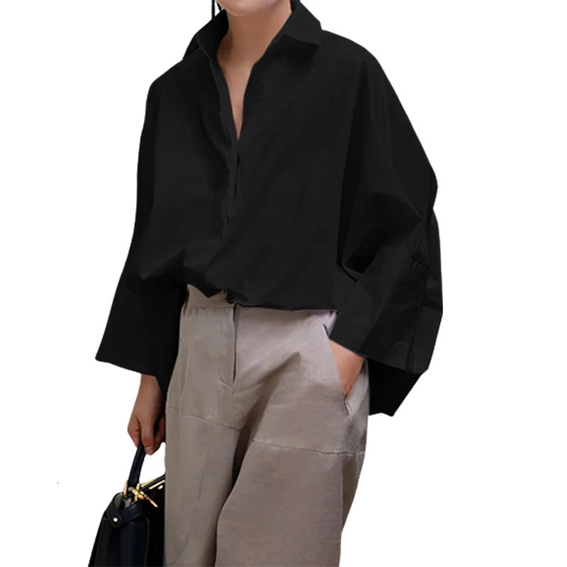 Yeezzi Women Stylish Black White Solid Color Lapel Blouses Spring Autumn Long Sleeve Loose Causal Office Shirts Tops 231225